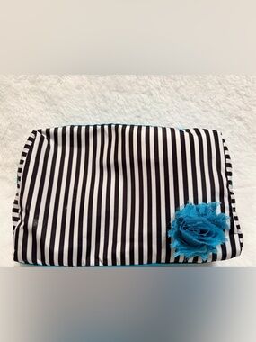 Lancome Black & White Striped Cosmetic Pouch with Turquoise Flower
